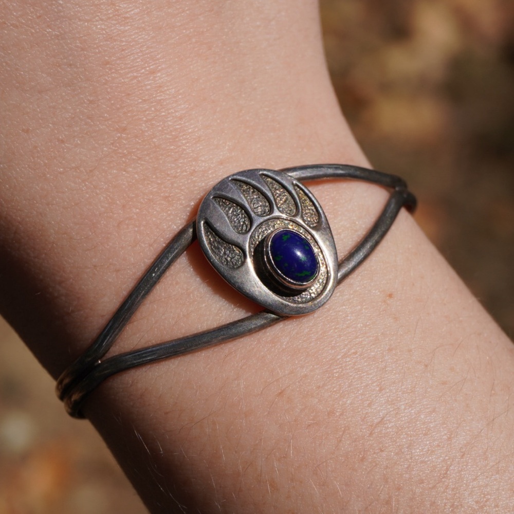 Vintage Sterling Silver Navajo Azurite Bear Paw Cuff Bracelet